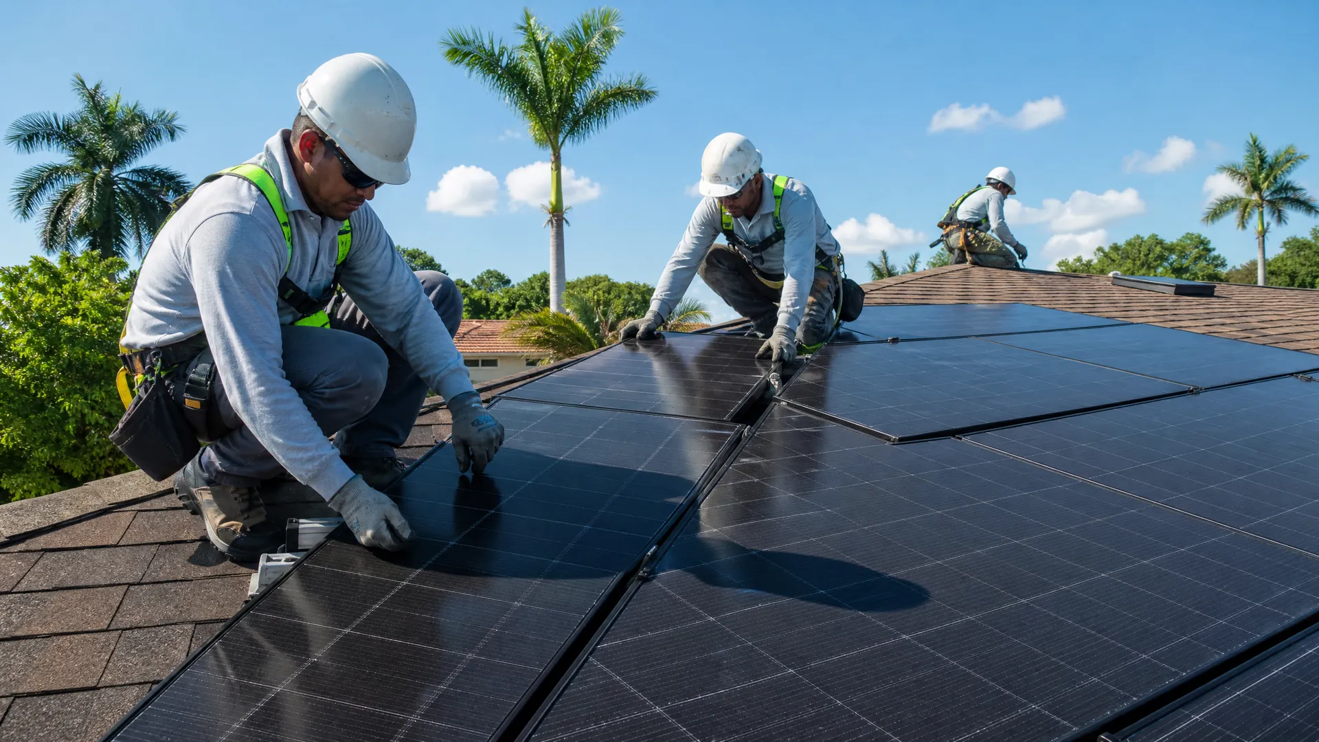 Solar panel installation crew working on a Palm Beach County home
